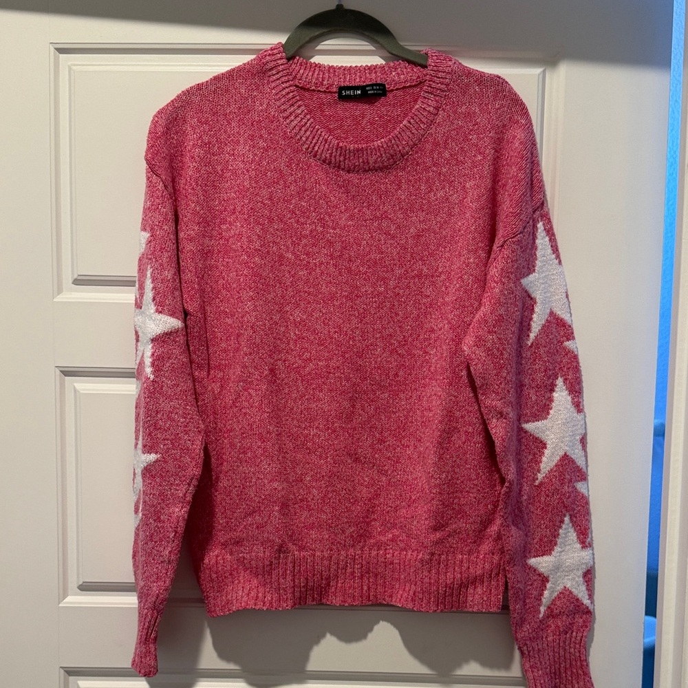SHEIN Pink Sweater with White Star Sleeves